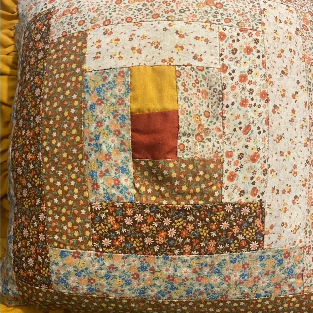 Antique Log Cabin Quilt Pillow Floral Back Terracotta Gold Applecore Aesthetic